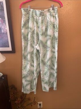 Panama Jack White Drawstring Lounge Pants with Green Palm Print. 55 linen